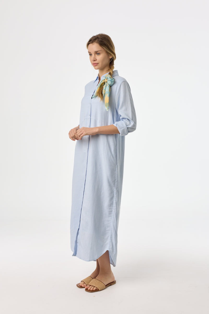 Blue Linen Maxi Shirt Dress