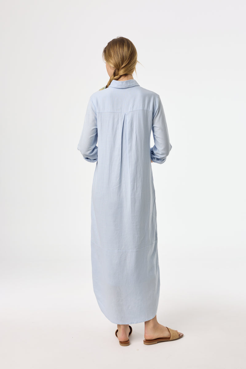 Blue Linen Maxi Shirt Dress