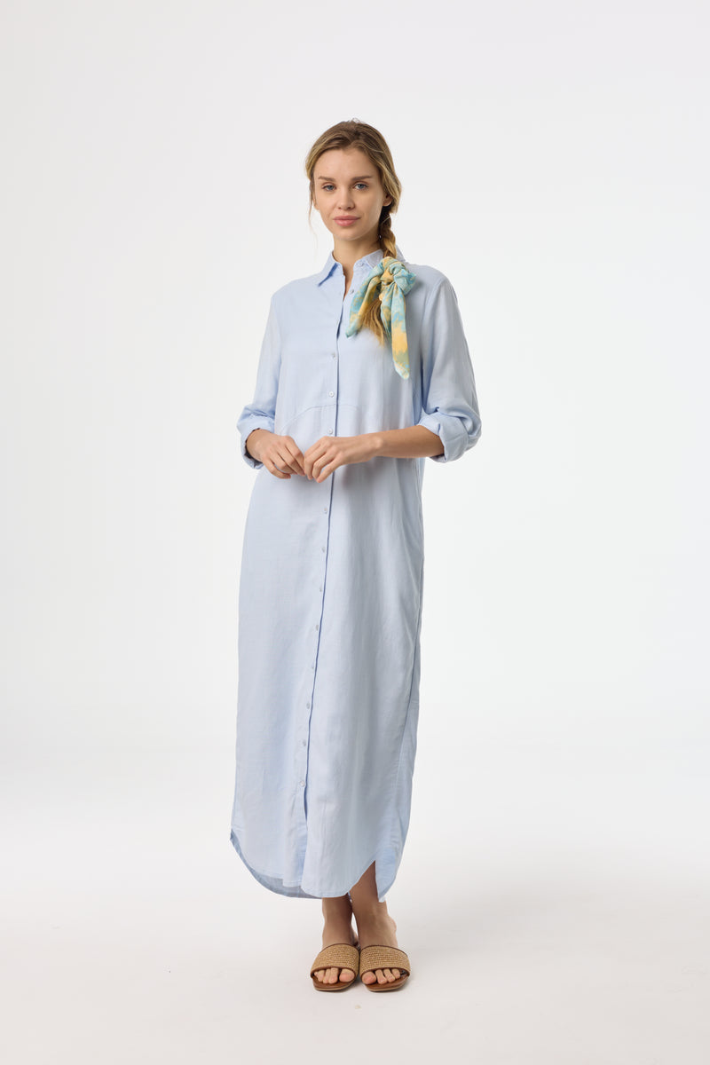 Blue Linen Maxi Shirt Dress