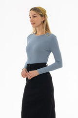 Blue Long Sleeve Ribbed T-Shirt