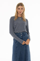 Blue Multi Striped Round Neck Sweater