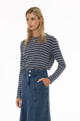 Blue Multi Striped Round Neck Sweater