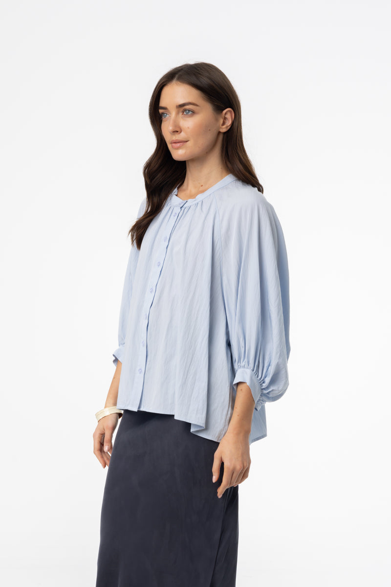 Blue Oversized Balloon Sleeve Blouse