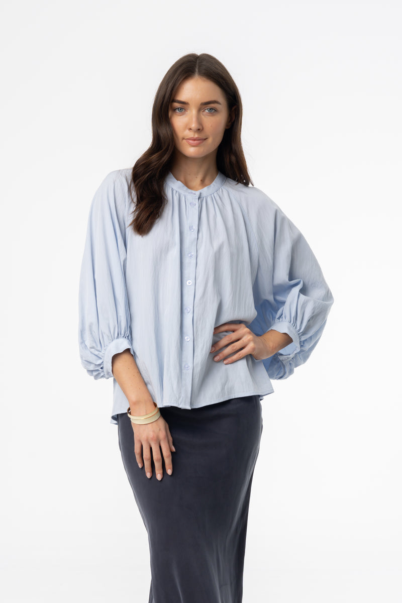 Blue Oversized Balloon Sleeve Blouse