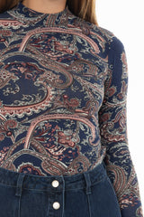 Blue Paisley Printed Mock Neck Top