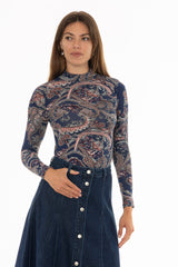 Blue Paisley Printed Mock Neck Top