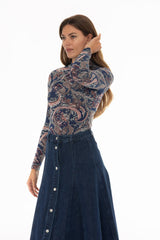 Blue Paisley Printed Mock Neck Top