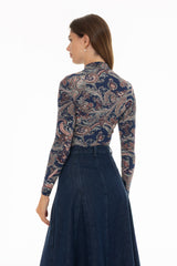 Blue Paisley Printed Mock Neck Top