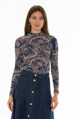 Blue Paisley Printed Mock Neck Top