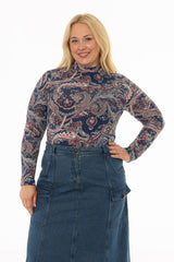 Blue Paisley Printed Mock Neck Top