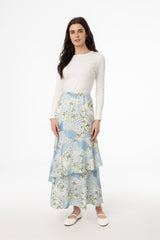 Blue Patchwork Print Ruffle Skirt