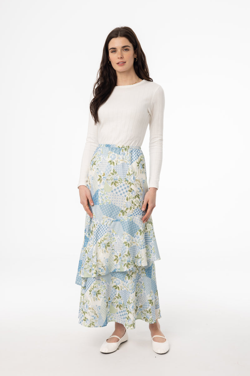 Blue Patchwork Print Ruffle Skirt