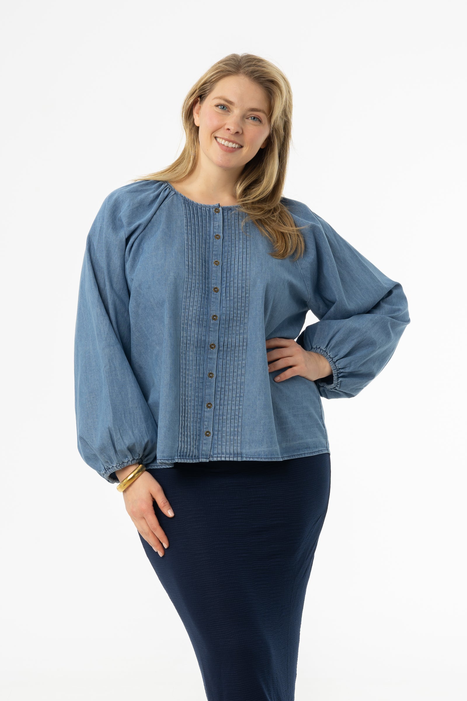 Blue Pintuck Denim Blouse – BLANK