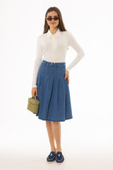 Blue Pleated Denim Skirt
