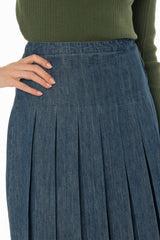 Blue Pleated Flare Denim Maxi Skirt