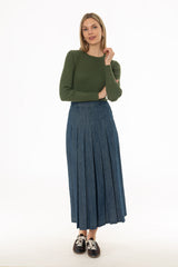 Blue Pleated Flare Denim Maxi Skirt