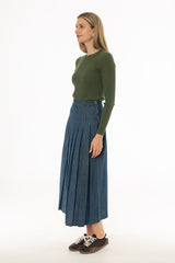 Blue Pleated Flare Denim Maxi Skirt