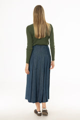 Blue Pleated Flare Denim Maxi Skirt