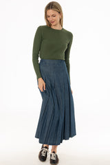 Blue Pleated Flare Denim Maxi Skirt