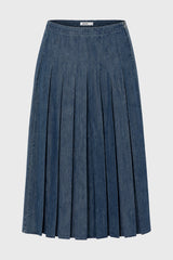 Blue Pleated Flare Denim Maxi Skirt