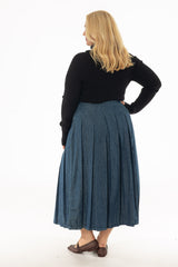 Blue Pleated Flare Denim Maxi Skirt