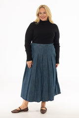 Blue Pleated Flare Denim Maxi Skirt