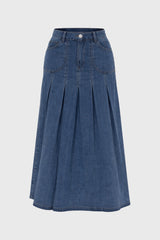 Blue Pocket Pleated Denim Skirt