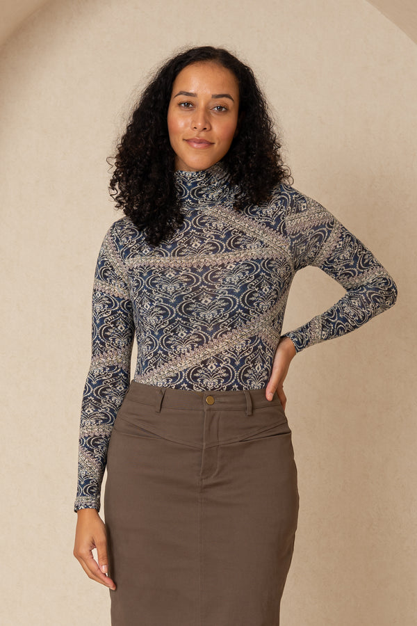 Blue Printed Turtleneck Top