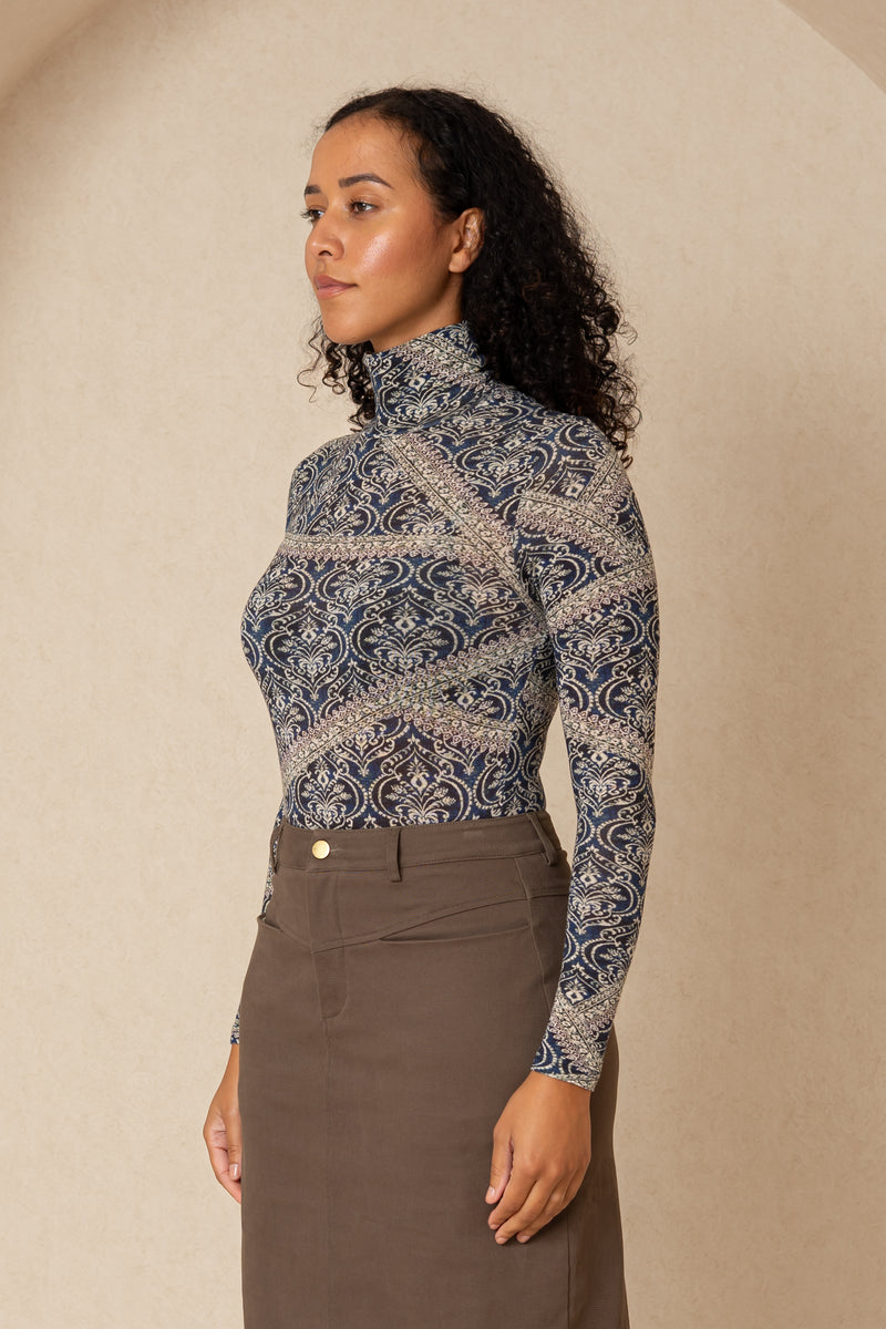 Blue Printed Turtleneck Top