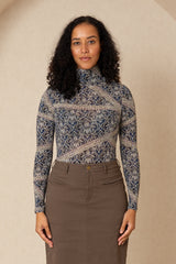 Blue Printed Turtleneck Top