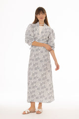 Blue Printed Wrap Linen Dress