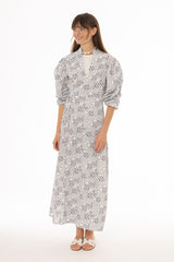 Blue Printed Wrap Linen Dress