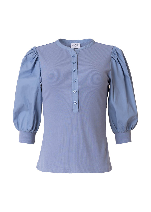 Blue Ribbed Puff Sleeve Top