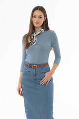 Blue Ribbed Round Neck 3/4 Sleeve T-Shirt