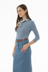 Blue Ribbed Round Neck 3/4 Sleeve T-Shirt