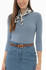 Blue Ribbed Round Neck 3/4 Sleeve T-Shirt