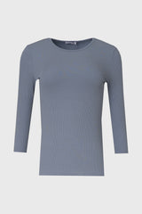 Blue Ribbed Round Neck 3/4 Sleeve T-Shirt