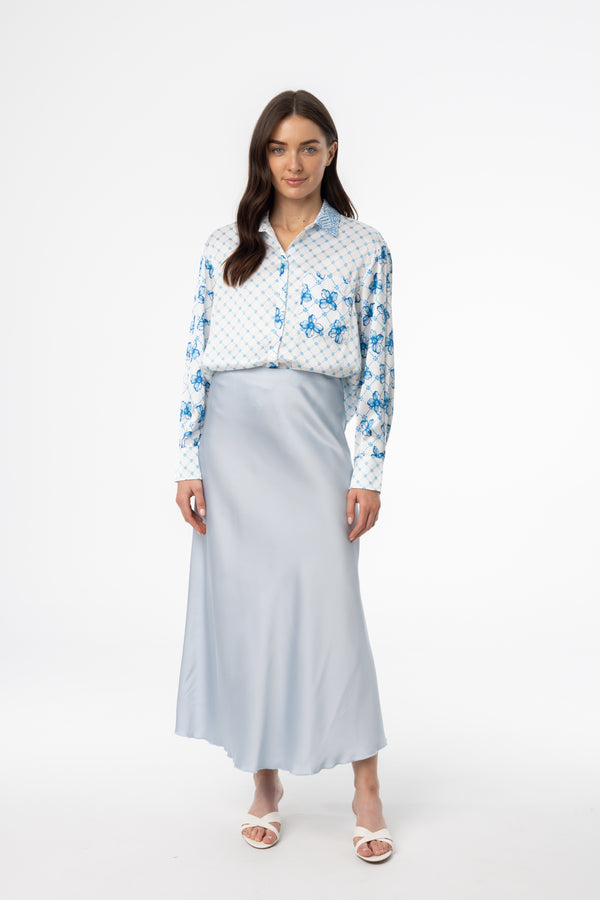 Blue A-Line Satin Effect Maxi Skirt