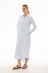 Blue Seersucker Striped Maxi Shirt Dress