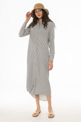 Black Seersucker Striped Maxi Shirt Dress