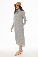 Black Seersucker Striped Maxi Shirt Dress
