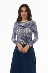 Blue Sketch Floral Round Neck T-Shirt