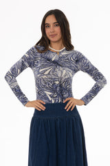 Blue Sketch Floral Round Neck T-Shirt