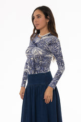 Blue Sketch Floral Round Neck T-Shirt