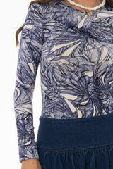 Blue Sketch Floral Round Neck T-Shirt