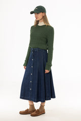 Blue Snap Detail Midi Denim