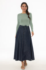 Blue Stitched Denim Flare Maxi Skirt