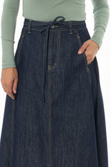 Blue Stitched Denim Flare Maxi Skirt