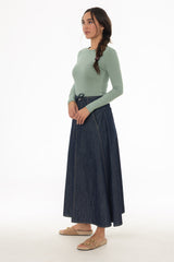 Blue Stitched Denim Flare Maxi Skirt