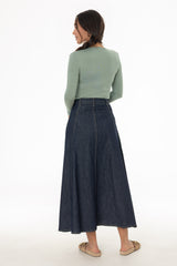 Blue Stitched Denim Flare Maxi Skirt